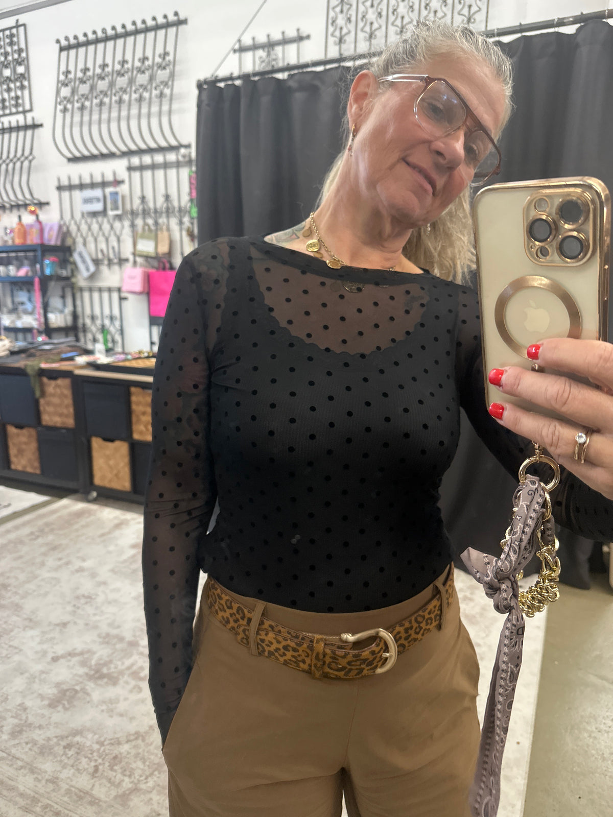 Black Colour Dotted Mesh Blouse