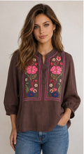 Boho-Bluse mit Blumen Stickerei – Marron
