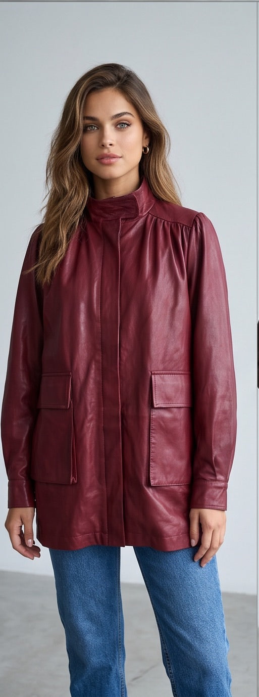 Mega Kunstlederjacke in Burgundy im 8er Style  – Qnuz